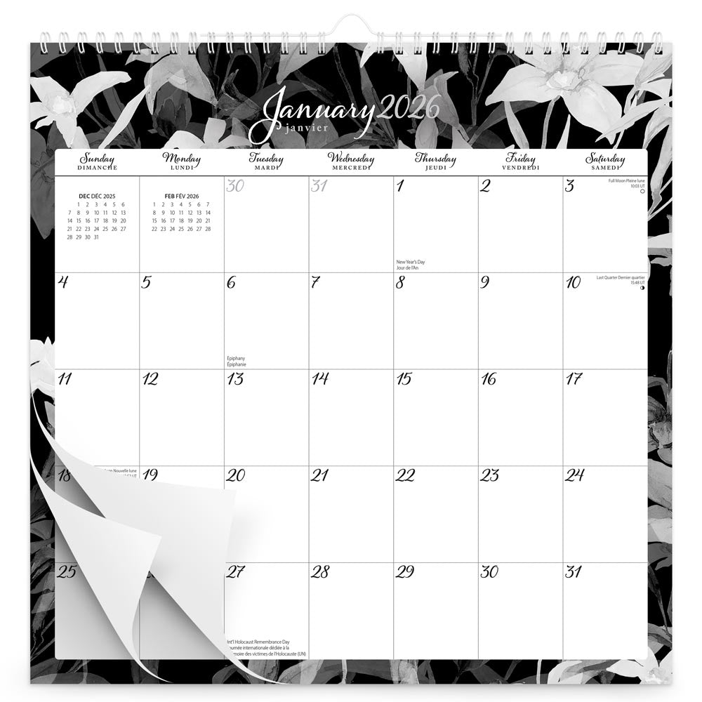 Pen & Ink | 2026 12 x 12 Inch (Hanging) Monthly Square Wire-O Calendar | English/French Bilingual | Sticker Sheet