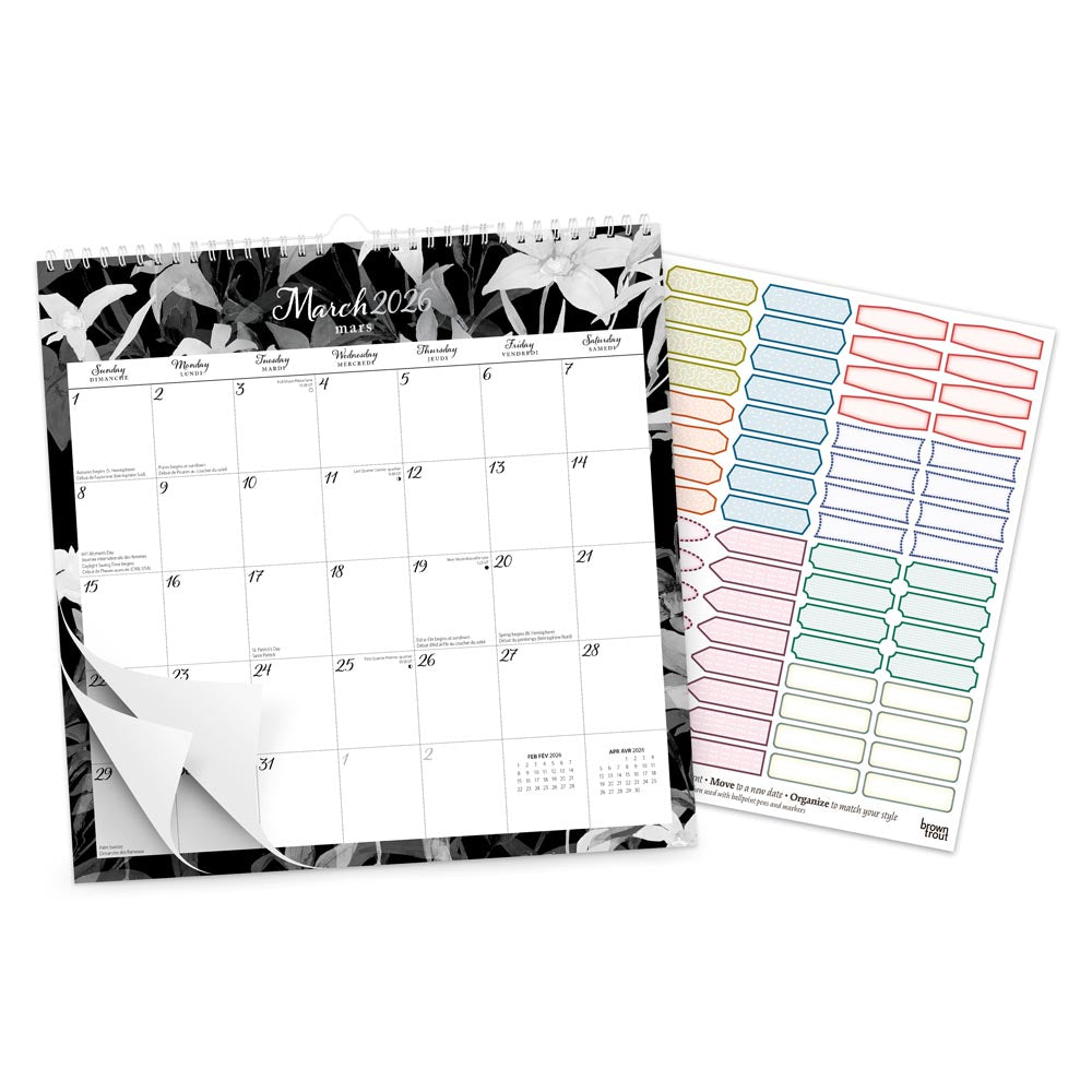 Pen & Ink | 2026 12 x 12 Inch (Hanging) Monthly Square Wire-O Calendar | English/French Bilingual | Sticker Sheet