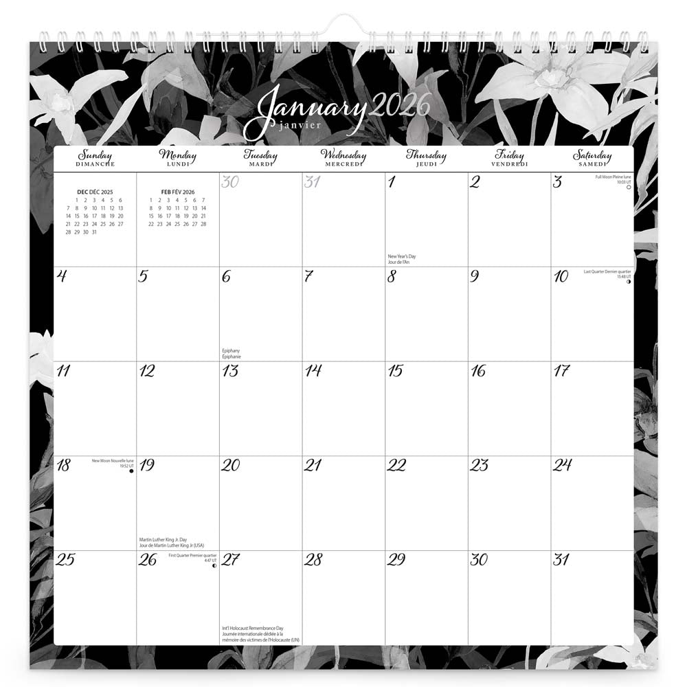 Pen & Ink | 2026 12 x 12 Inch (Hanging) Monthly Square Wire-O Calendar | English/French Bilingual | Sticker Sheet