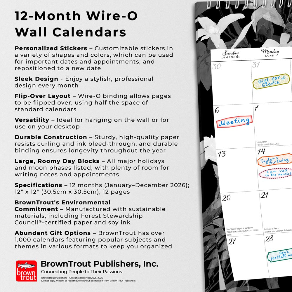 Pen & Ink | 2026 12 x 12 Inch (Hanging) Monthly Square Wire-O Calendar | English/French Bilingual | Sticker Sheet