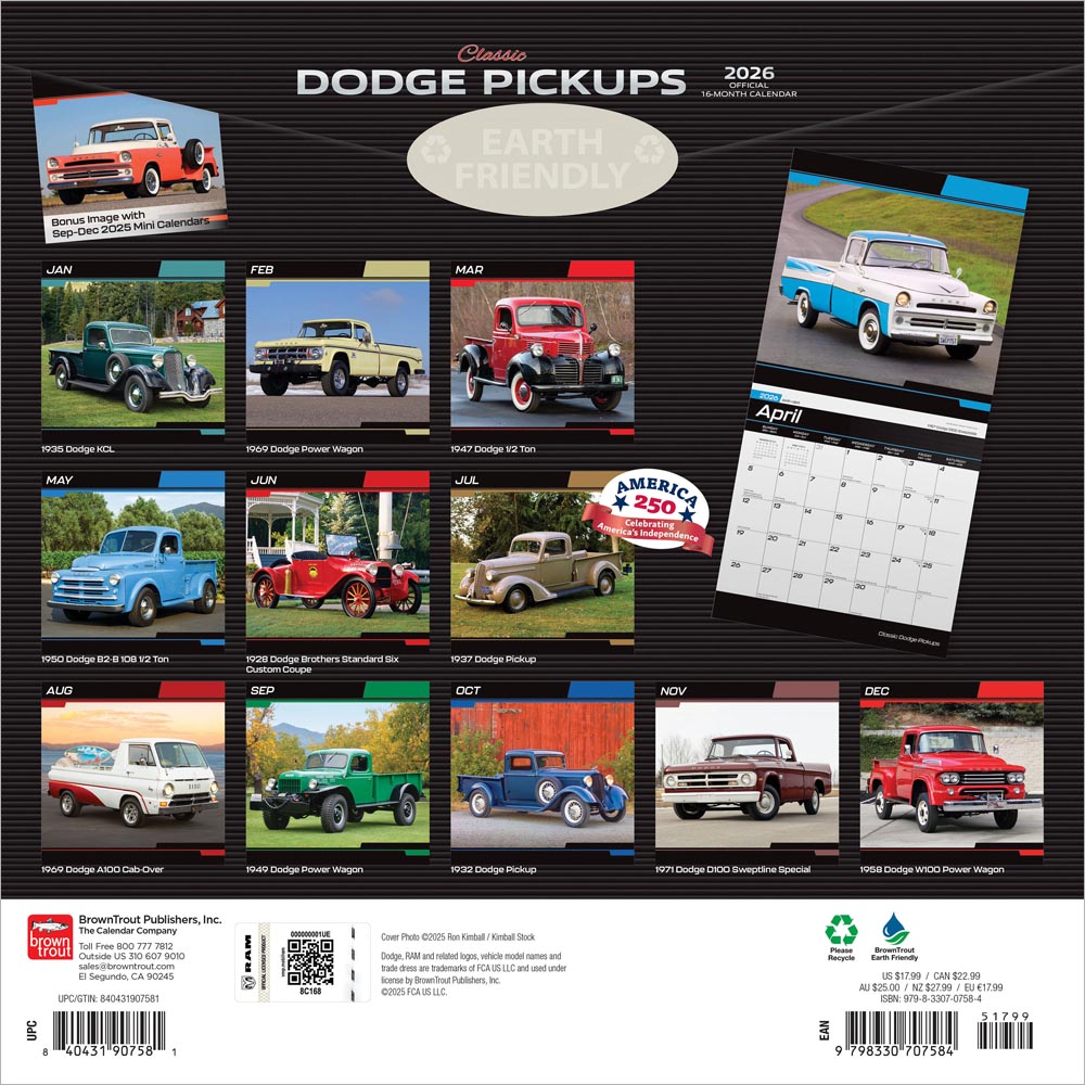 Classic Dodge Pickups OFFICIAL | 2026 12 x 24 Inch (Hanging) Monthly Square Wall Calendar | Foil Stamped Cover