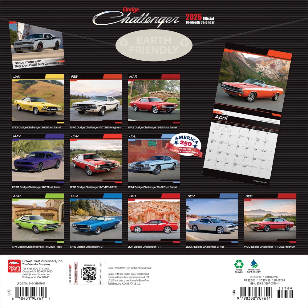 Dodge Challenger OFFICIAL | 2026 12 x 24 Inch (Hanging) Monthly Square Wall Calendar