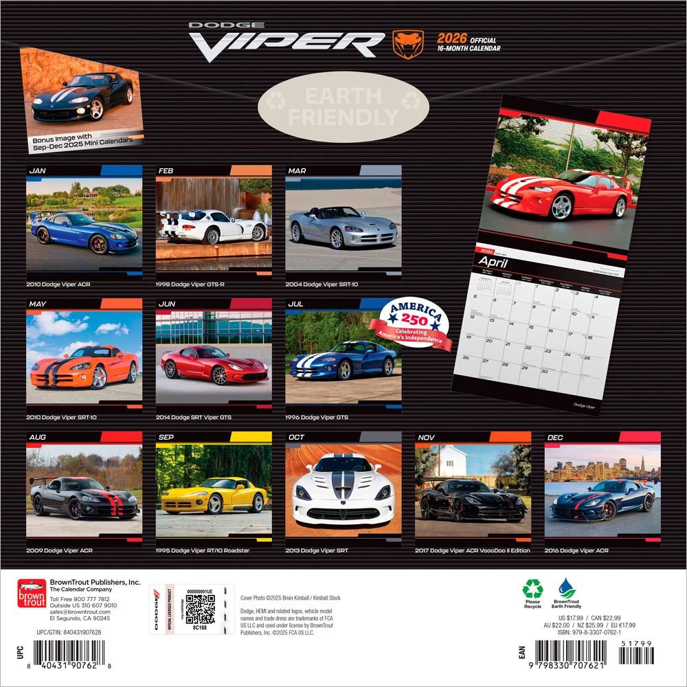 Dodge Viper OFFICIAL | 2026 12 x 24 Inch (Hanging) Monthly Square Wall Calendar