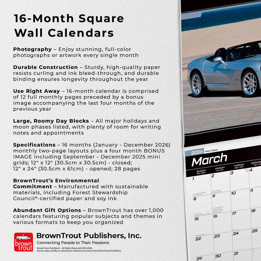 Dodge Viper OFFICIAL | 2026 12 x 24 Inch (Hanging) Monthly Square Wall Calendar