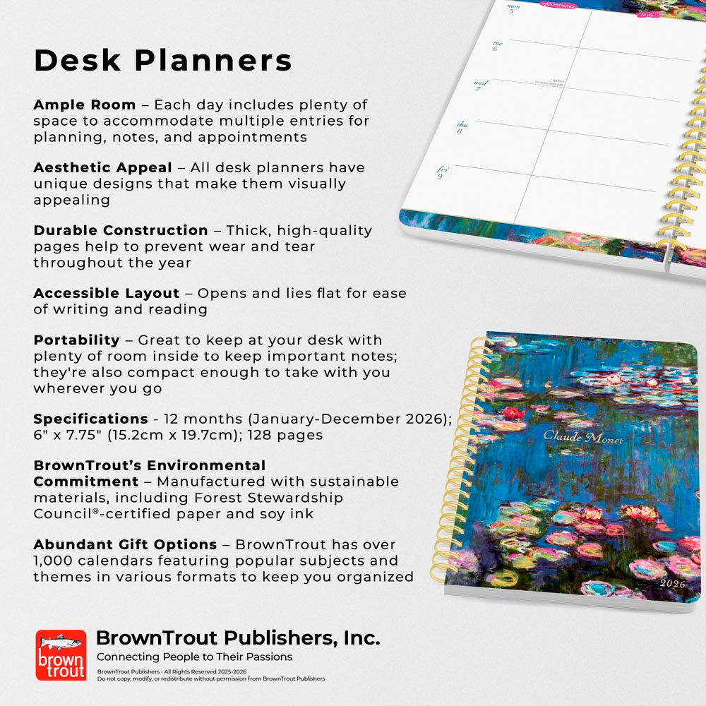 Claude Monet | 2026 6 x 7.75 Inch Weekly Desk Planner | Foil Stamped Cover
