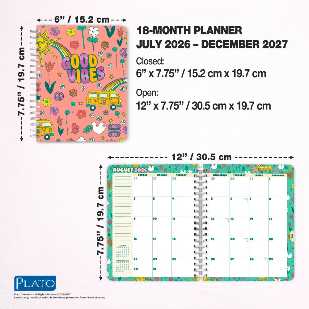 Good Vibes | 2027 6 x 7.75 Inch 18 Months Weekly Desk Planner | Foil Stamped Cover | July 2026 - December 2027