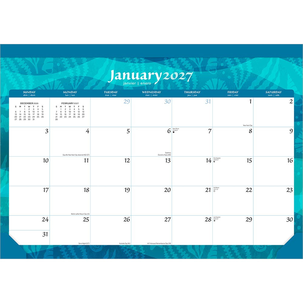 Seaside Currents | 2027 17 x 12 Inch Monthly Desk Pad Calendar | Sticker Sheet