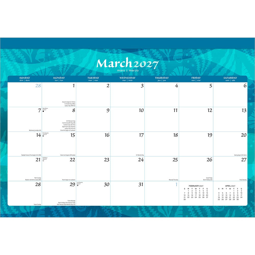 Seaside Currents | 2027 17 x 12 Inch Monthly Desk Pad Calendar | Sticker Sheet