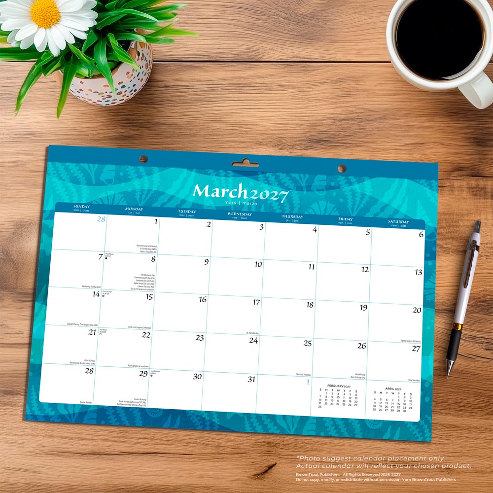Seaside Currents | 2027 17 x 12 Inch Monthly Desk Pad Calendar | Sticker Sheet
