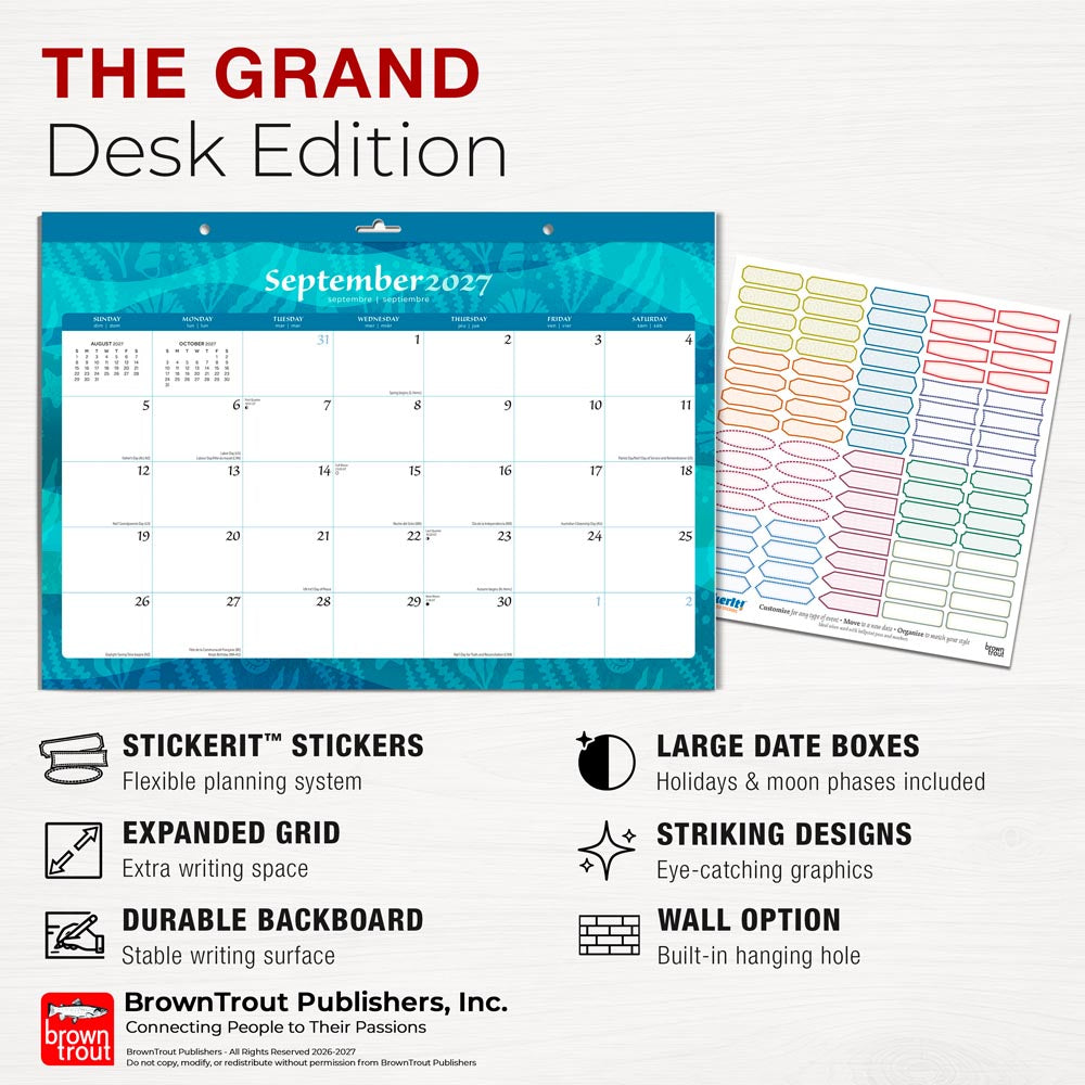 Seaside Currents | 2027 17 x 12 Inch Monthly Desk Pad Calendar | Sticker Sheet