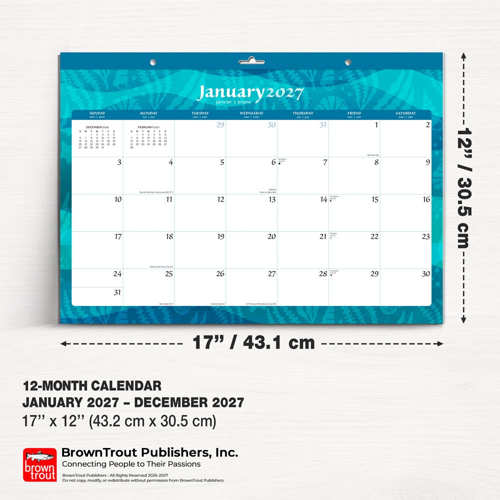 Seaside Currents | 2027 17 x 12 Inch Monthly Desk Pad Calendar | Sticker Sheet