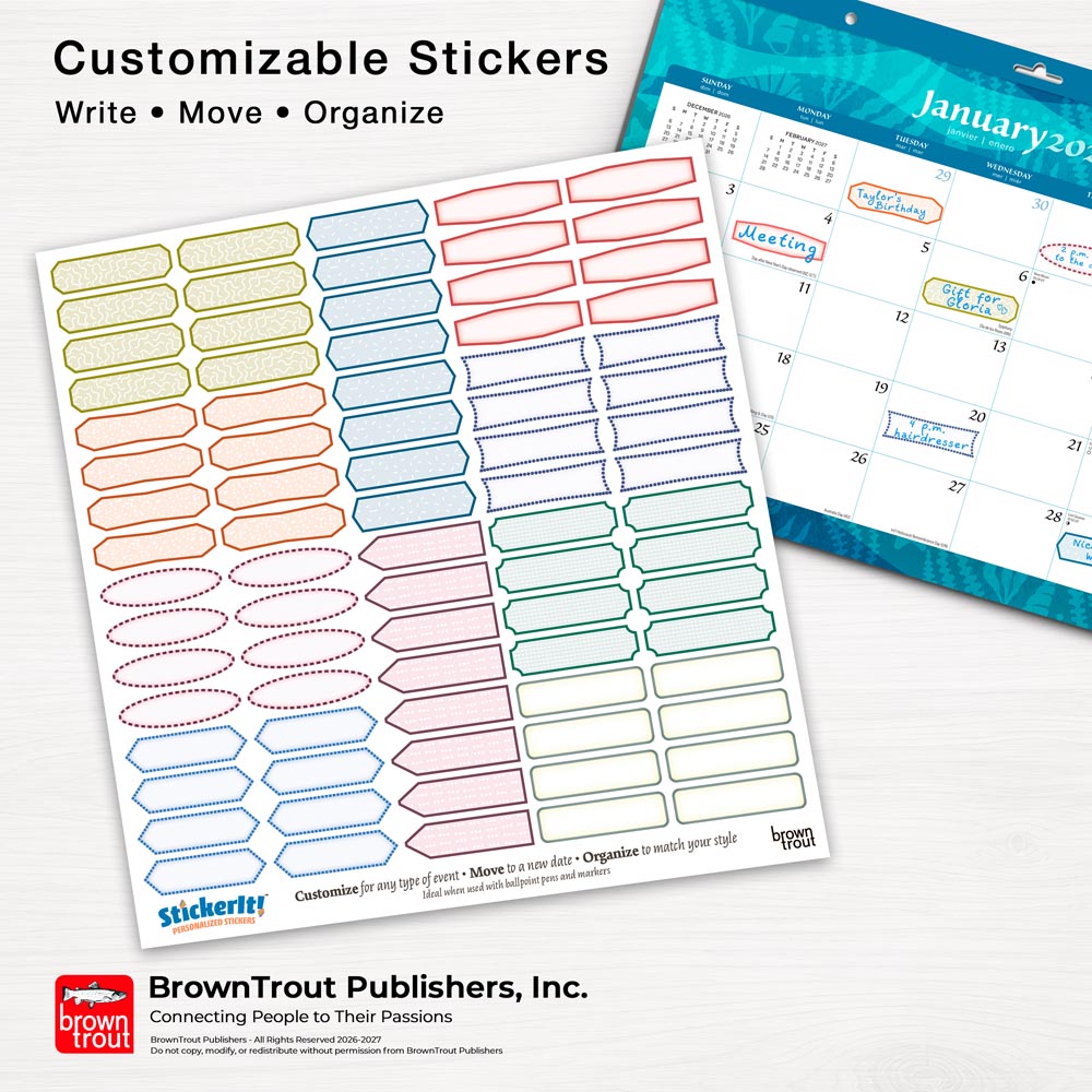 Seaside Currents | 2027 17 x 12 Inch Monthly Desk Pad Calendar | Sticker Sheet