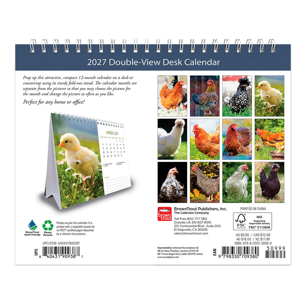 Chickens | 2027 7.5 x 6 Inch Monthly Double-View Easel Desk Calendar