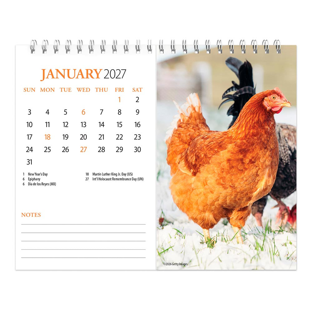 Chickens | 2027 7.5 x 6 Inch Monthly Double-View Easel Desk Calendar