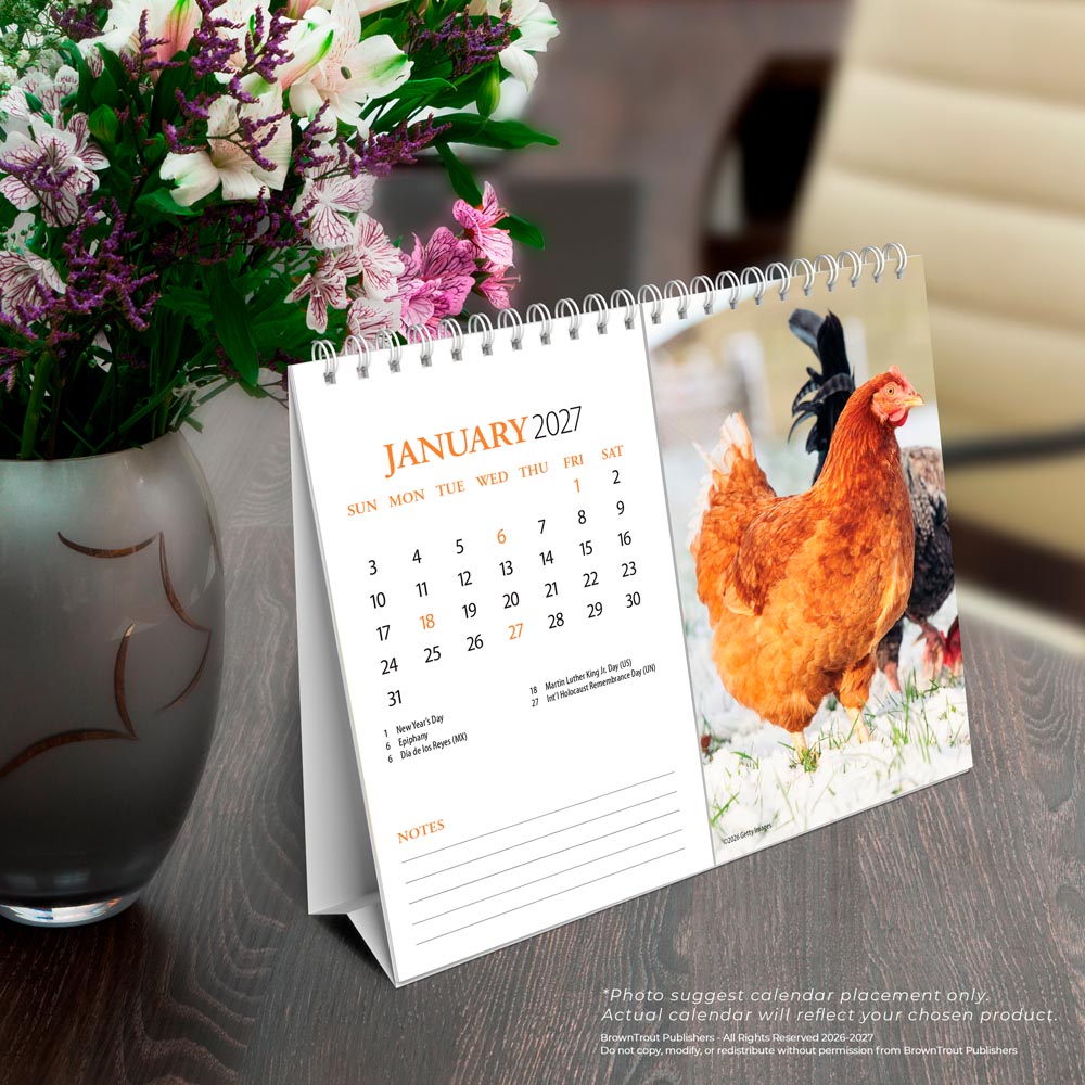 Chickens | 2027 7.5 x 6 Inch Monthly Double-View Easel Desk Calendar