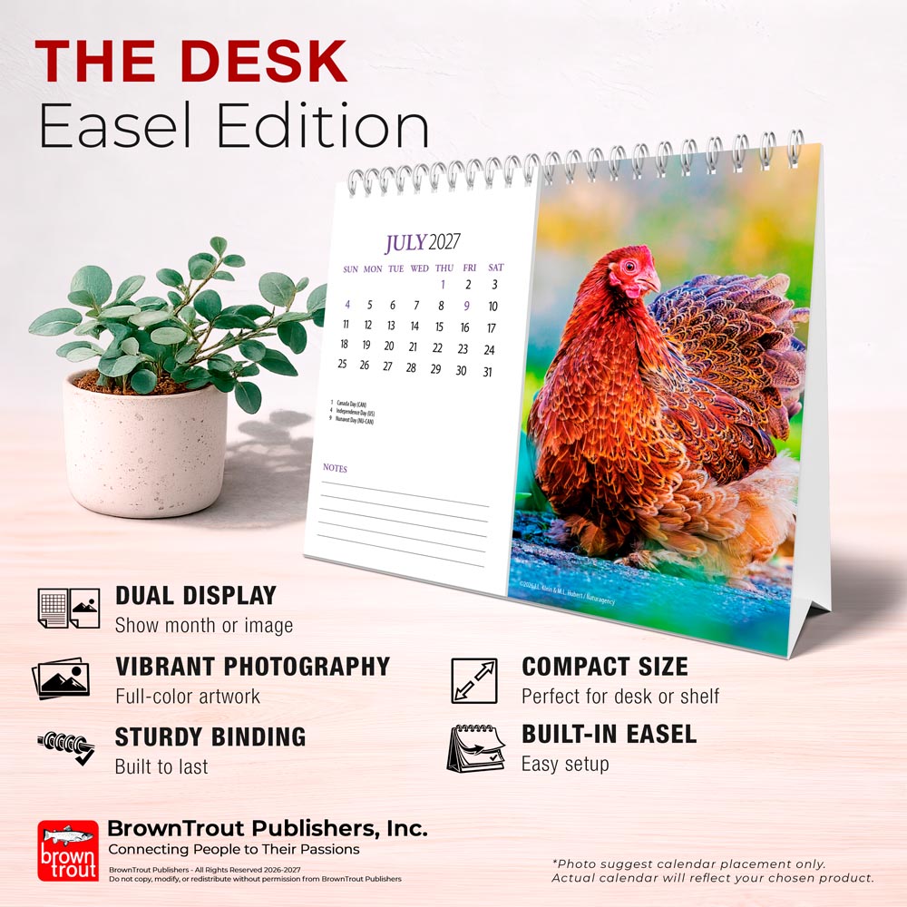 Chickens | 2027 7.5 x 6 Inch Monthly Double-View Easel Desk Calendar