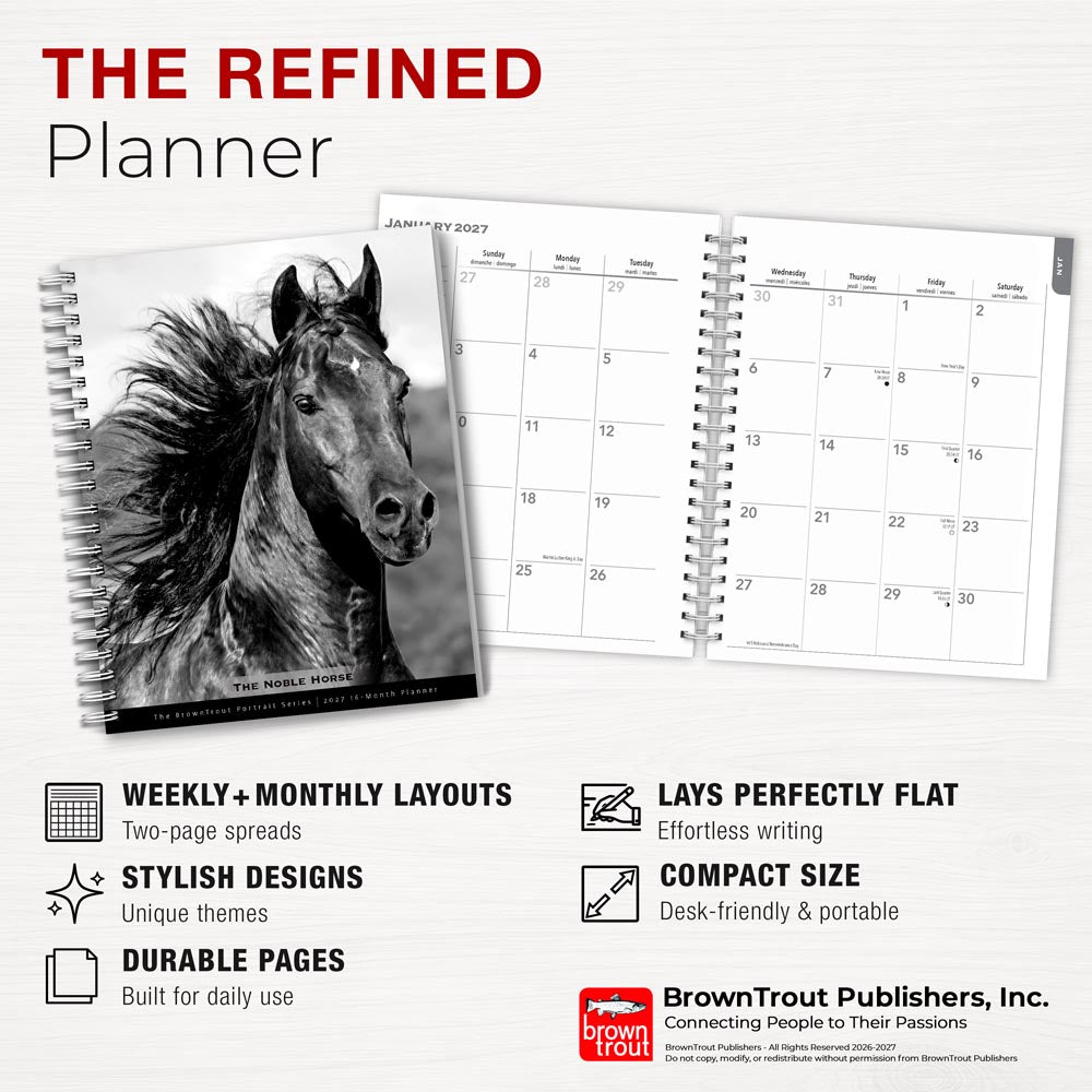 The BrownTrout Portrait Series: The Noble Horse | 2027 6 x 7.75 Inch Spiral-Bound Wire-O Weekly Engagement Planner Calendar | New Image Every Week