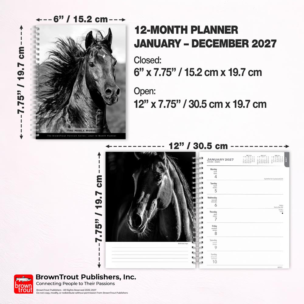 The BrownTrout Portrait Series: The Noble Horse | 2027 6 x 7.75 Inch Spiral-Bound Wire-O Weekly Engagement Planner Calendar | New Image Every Week