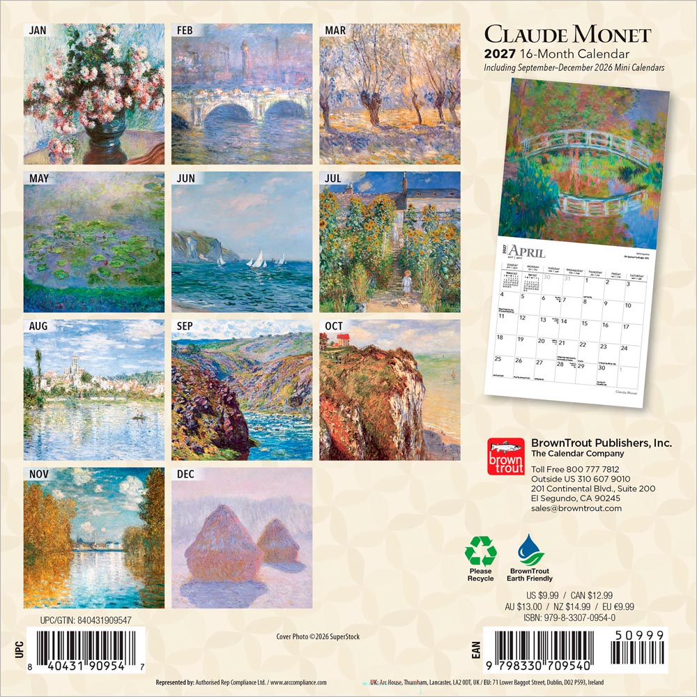 Claude Monet | 2027 7 x 14 Inch (Hanging) Monthly Mini Wall Calendar
