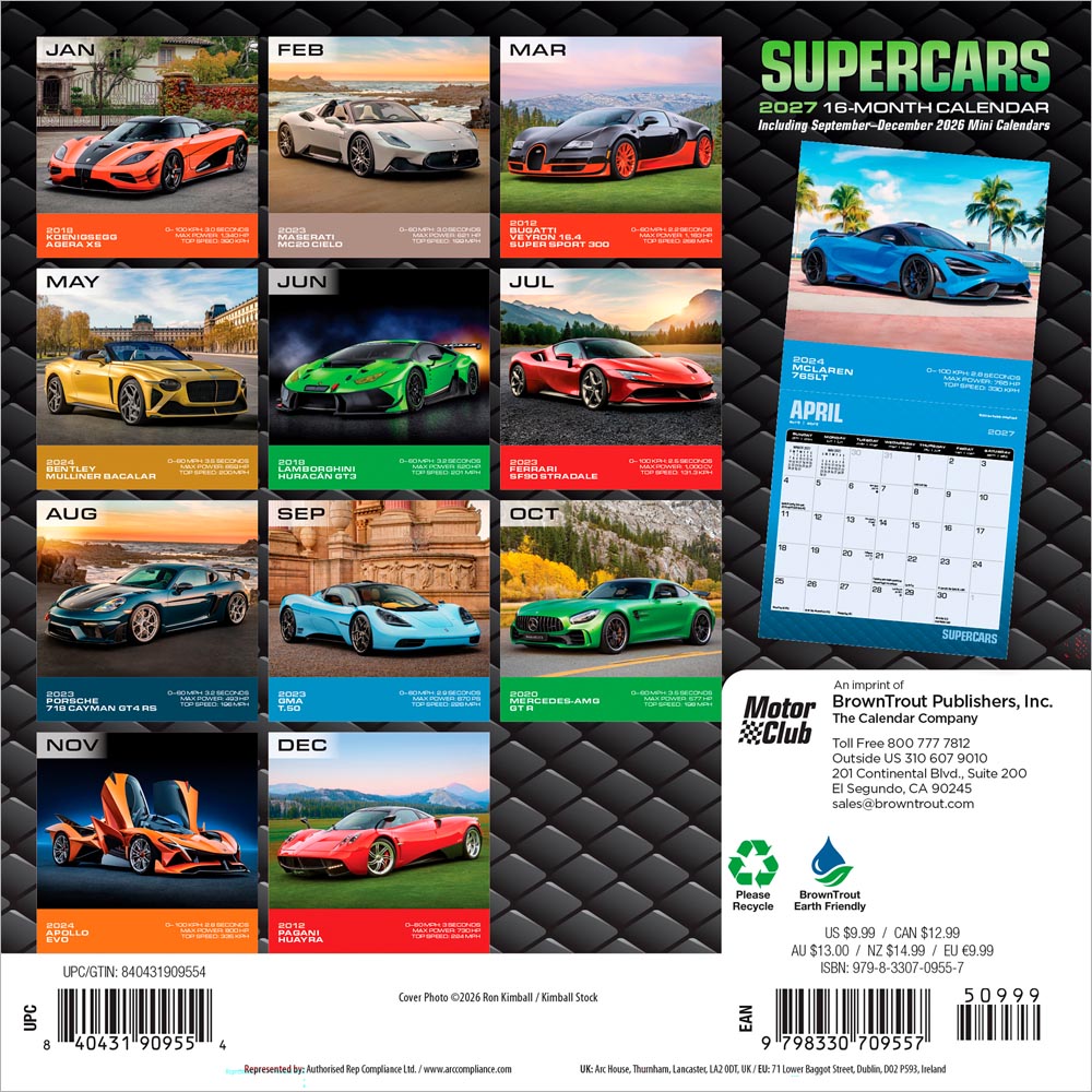 Supercars | 2027 7 x 14 Inch (Hanging) Monthly Mini Wall Calendar
