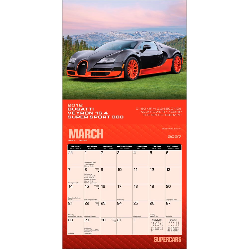 Supercars | 2027 7 x 14 Inch (Hanging) Monthly Mini Wall Calendar