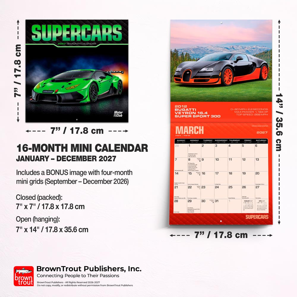 Supercars | 2027 7 x 14 Inch (Hanging) Monthly Mini Wall Calendar