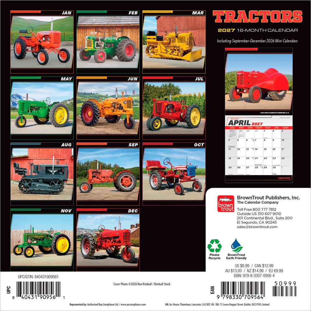 Tractors | 2027 7 x 14 Inch (Hanging) Monthly Mini Wall Calendar