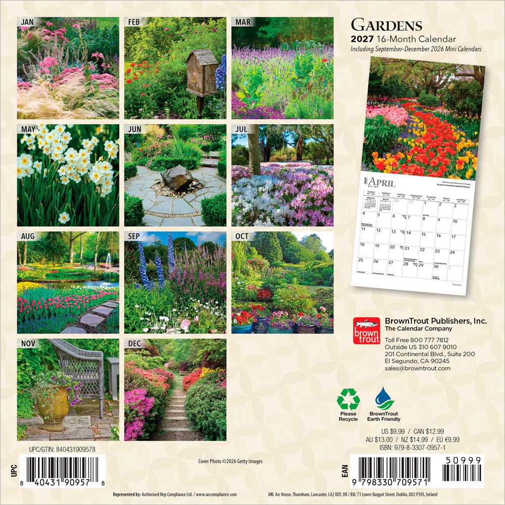 Gardens | 2027 7 x 14 Inch (Hanging) Monthly Mini Wall Calendar