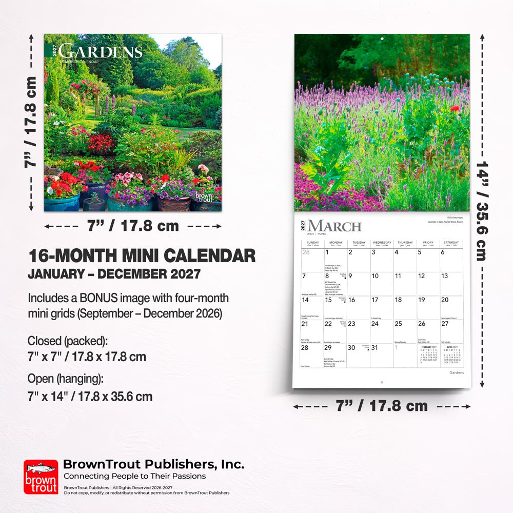 Gardens | 2027 7 x 14 Inch (Hanging) Monthly Mini Wall Calendar