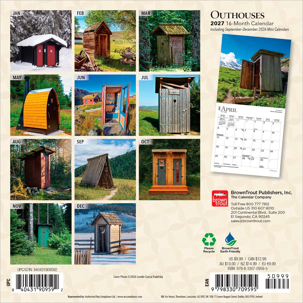 Outhouses | 2027 7 x 14 Inch (Hanging) Monthly Mini Wall Calendar