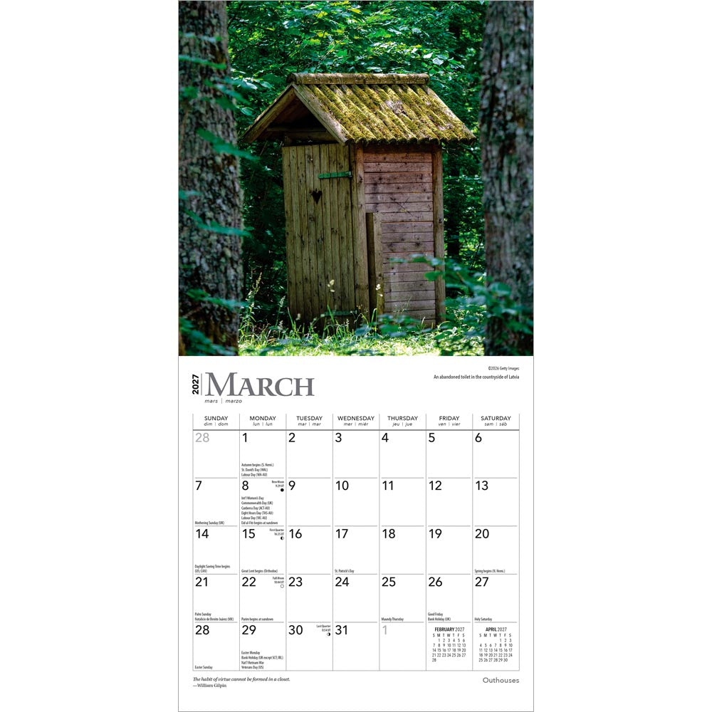Outhouses | 2027 7 x 14 Inch (Hanging) Monthly Mini Wall Calendar
