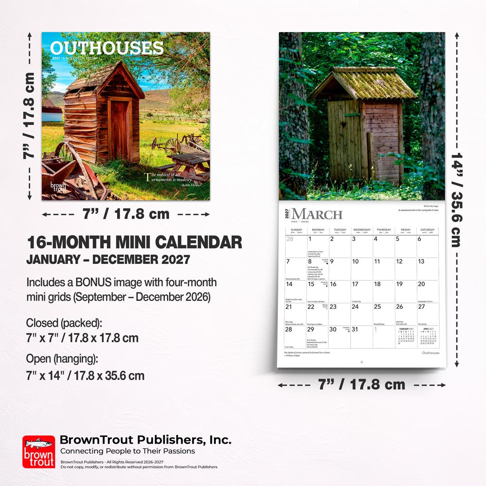 Outhouses | 2027 7 x 14 Inch (Hanging) Monthly Mini Wall Calendar