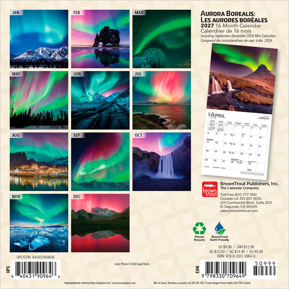 Aurora Borealis | 2027 7 x 14 Inch (Hanging) Monthly Mini Wall Calendar | English/French Bilingual