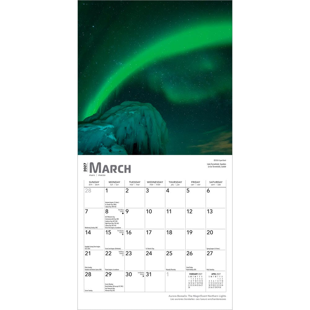 Aurora Borealis | 2027 7 x 14 Inch (Hanging) Monthly Mini Wall Calendar | English/French Bilingual