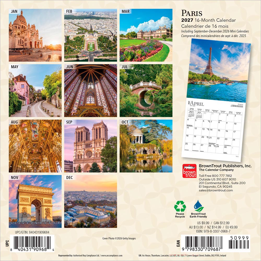 Paris | 2027 7 x 14 Inch (Hanging) Monthly Mini Wall Calendar | English/French Bilingual