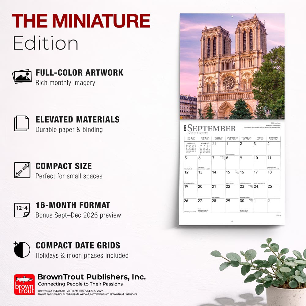 Paris | 2027 7 x 14 Inch (Hanging) Monthly Mini Wall Calendar | English/French Bilingual