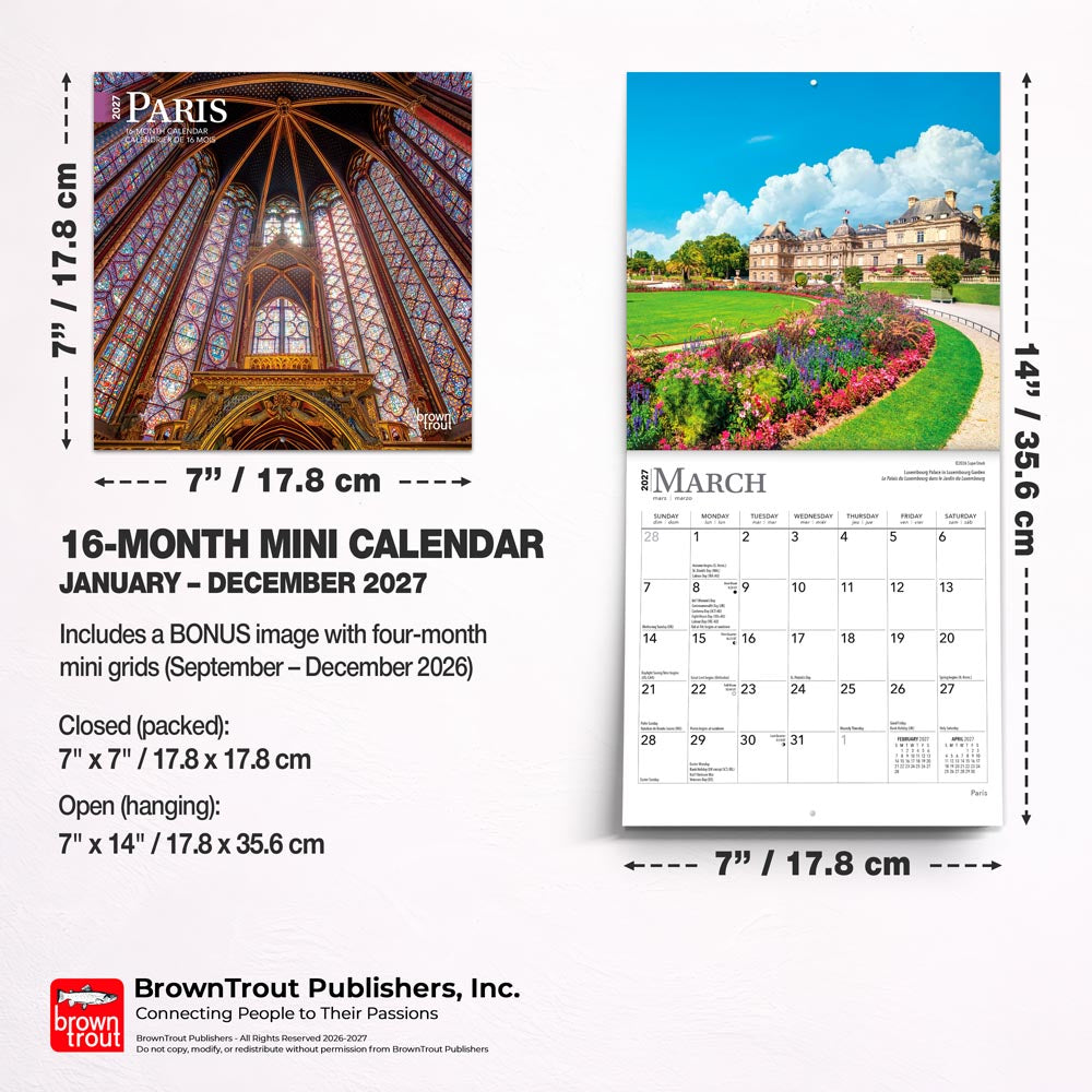 Paris | 2027 7 x 14 Inch (Hanging) Monthly Mini Wall Calendar | English/French Bilingual