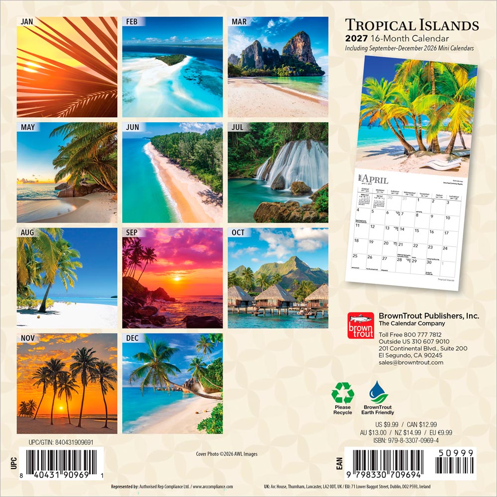 Tropical Islands | 2027 7 x 14 Inch (Hanging) Monthly Mini Wall Calendar