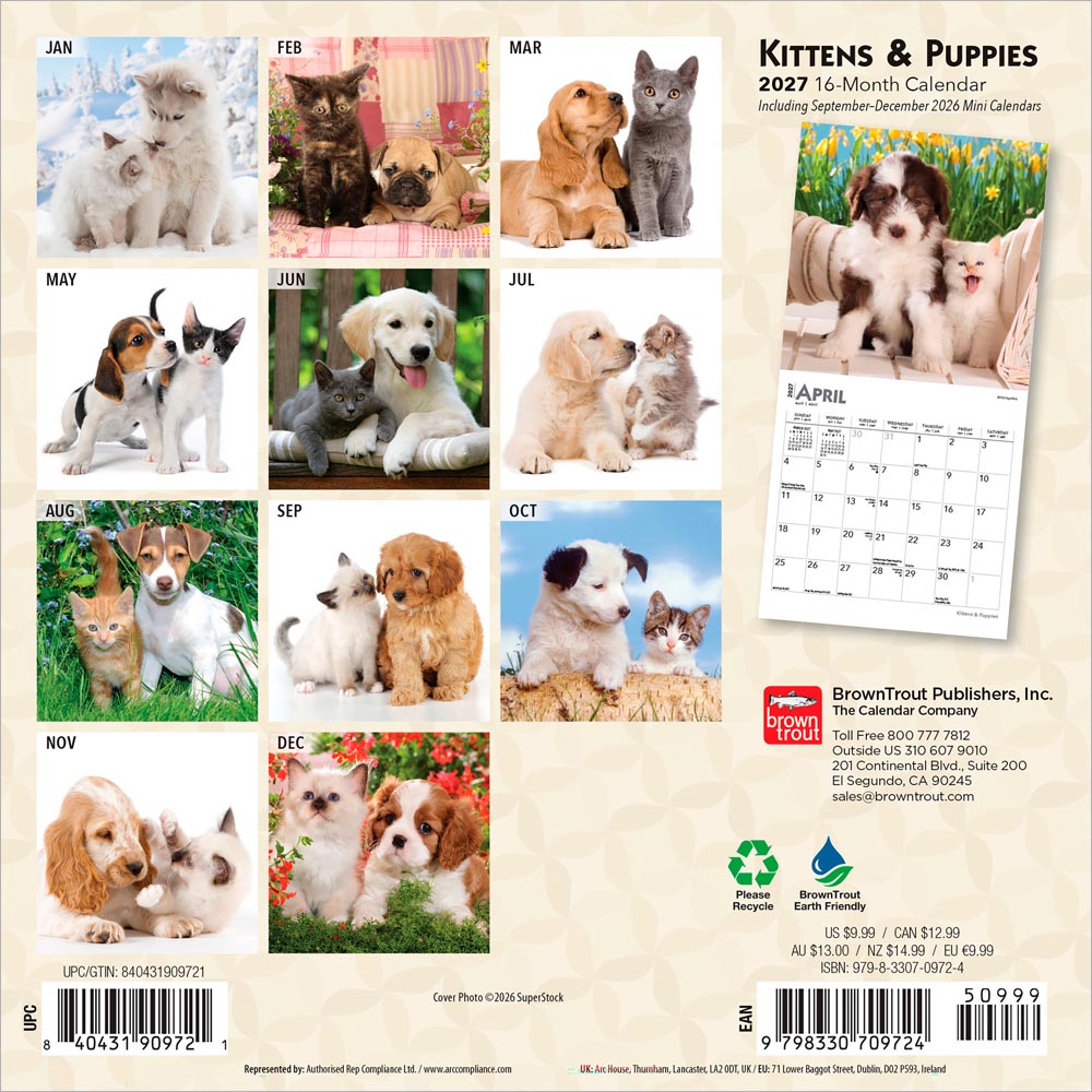 Kittens & Puppies | 2027 7 x 14 Inch (Hanging) Monthly Mini Wall Calendar