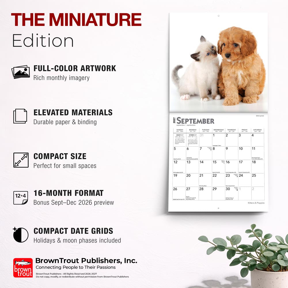 Kittens & Puppies | 2027 7 x 14 Inch (Hanging) Monthly Mini Wall Calendar