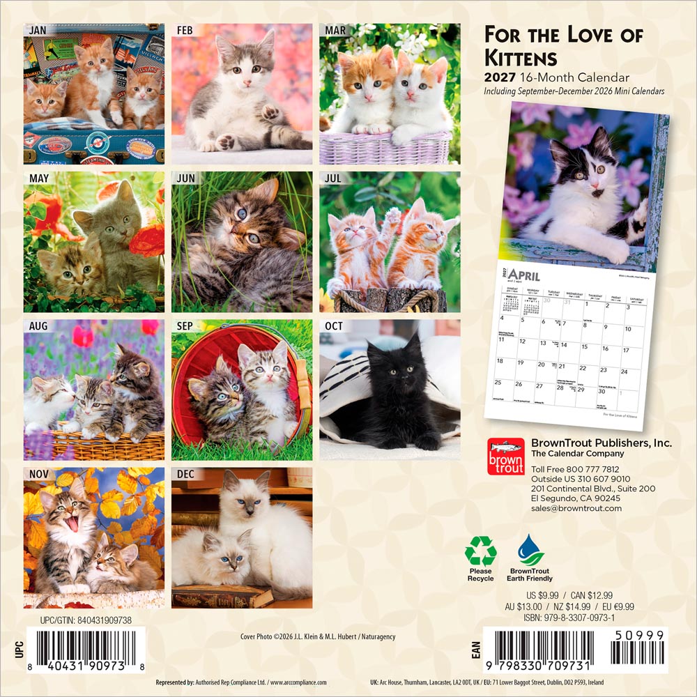 For the Love of Kittens | 2027 7 x 14 Inch (Hanging) Monthly Mini Wall Calendar