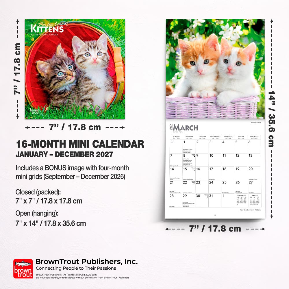 For the Love of Kittens | 2027 7 x 14 Inch (Hanging) Monthly Mini Wall Calendar