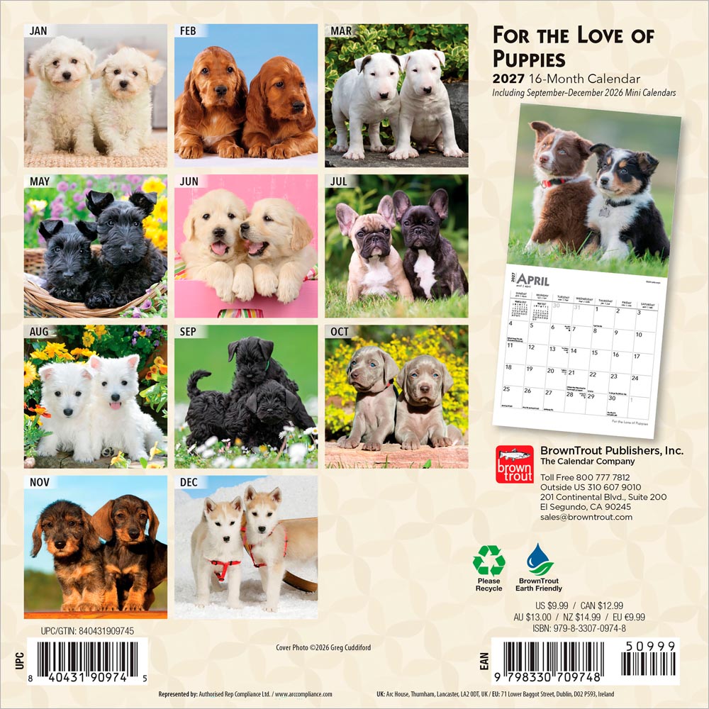For the Love of Puppies | 2027 7 x 14 Inch (Hanging) Monthly Mini Wall Calendar