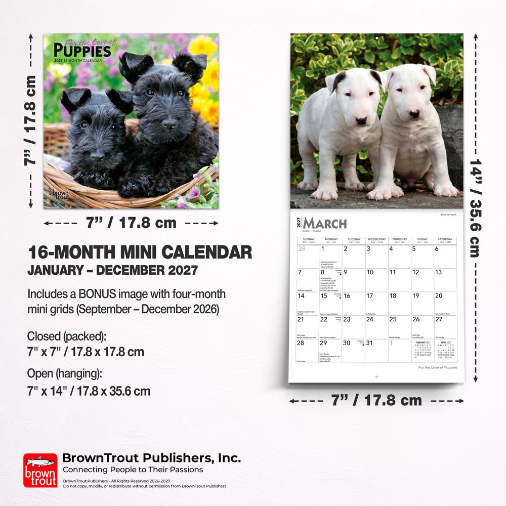 For the Love of Puppies | 2027 7 x 14 Inch (Hanging) Monthly Mini Wall Calendar