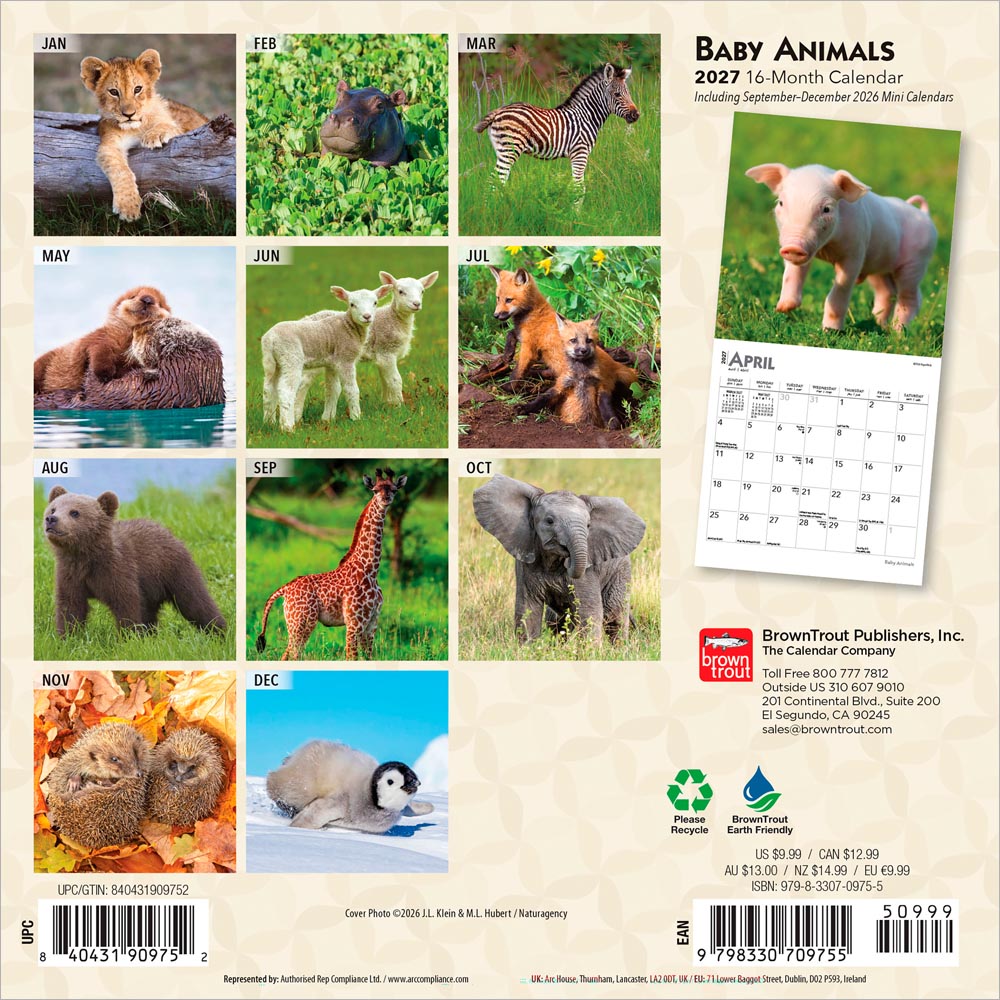 Baby Animals | 2027 7 x 14 Inch (Hanging) Monthly Mini Wall Calendar