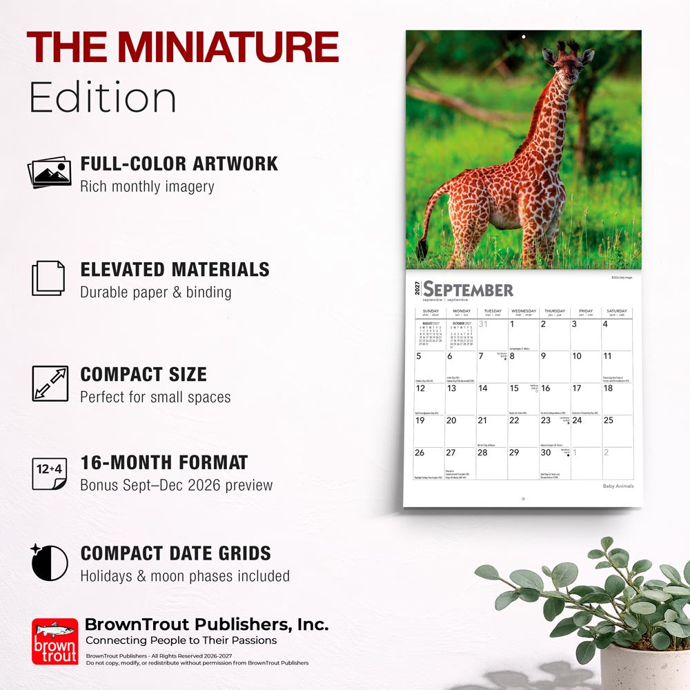 Baby Animals | 2027 7 x 14 Inch (Hanging) Monthly Mini Wall Calendar