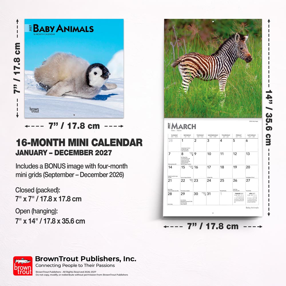 Baby Animals | 2027 7 x 14 Inch (Hanging) Monthly Mini Wall Calendar