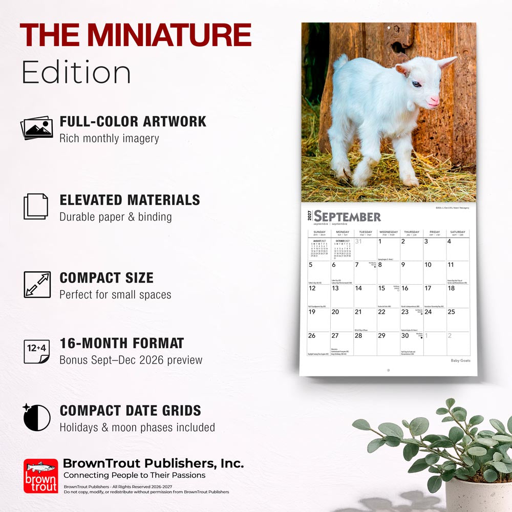 Baby Goats | 2027 7 x 14 Inch (Hanging) Monthly Mini Wall Calendar