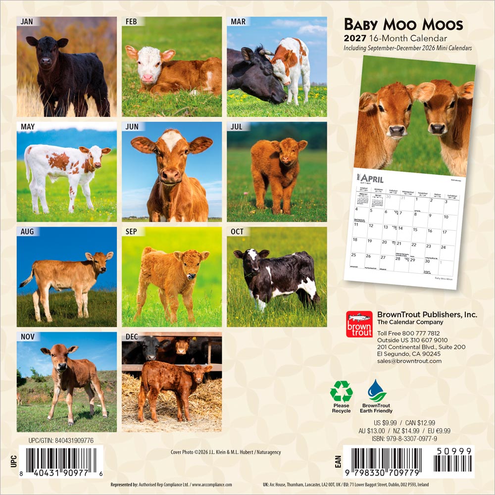 Baby Moo Moos | 2027 7 x 14 Inch (Hanging) Monthly Mini Wall Calendar
