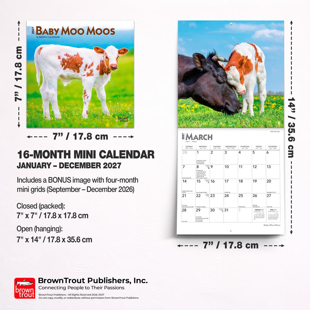 Baby Moo Moos | 2027 7 x 14 Inch (Hanging) Monthly Mini Wall Calendar